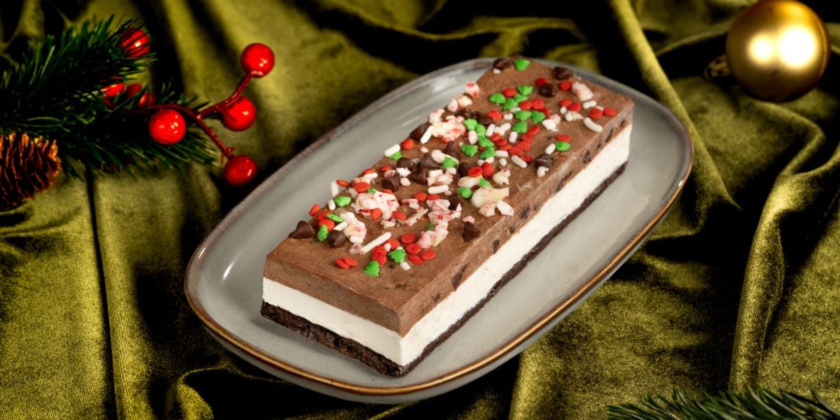 Holiday ice cream sandwich with festive sprinkles and chocolate chips.