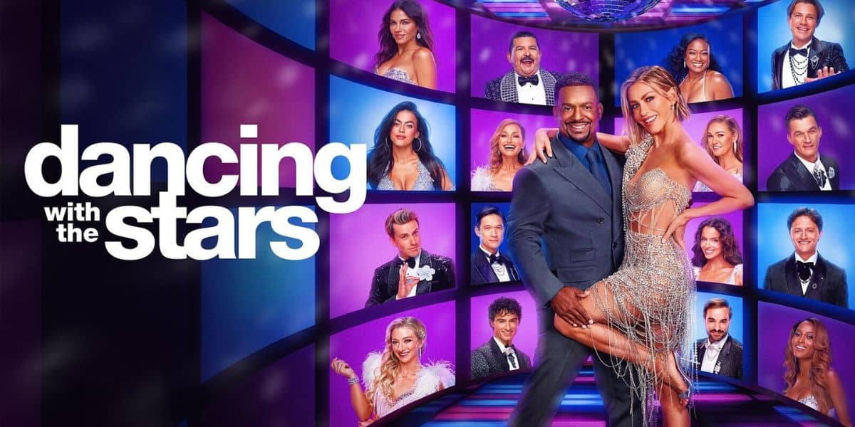 Dancing with the Stars hosts Alfonso Ribeiro and Julianne Hough posing in front of the cast grid.