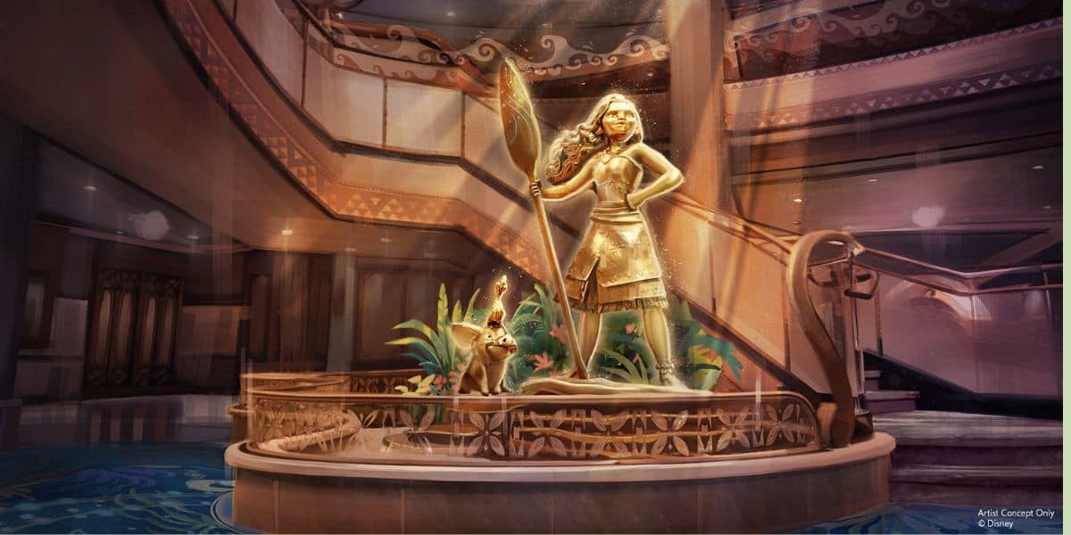 Moana and Pua statue in the Disney Treasure Grand Hall.