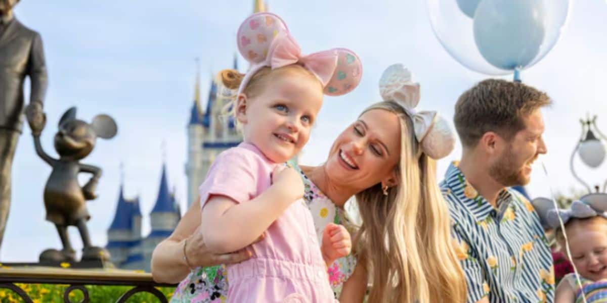 A family wearing Mickey ears in front of Cinderella Castle at Disney World