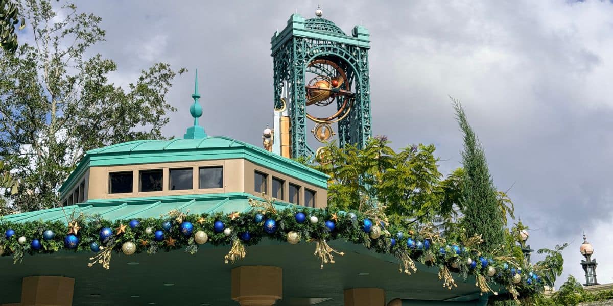 Spaceship Earth decorated for the holidays at EPCOT.