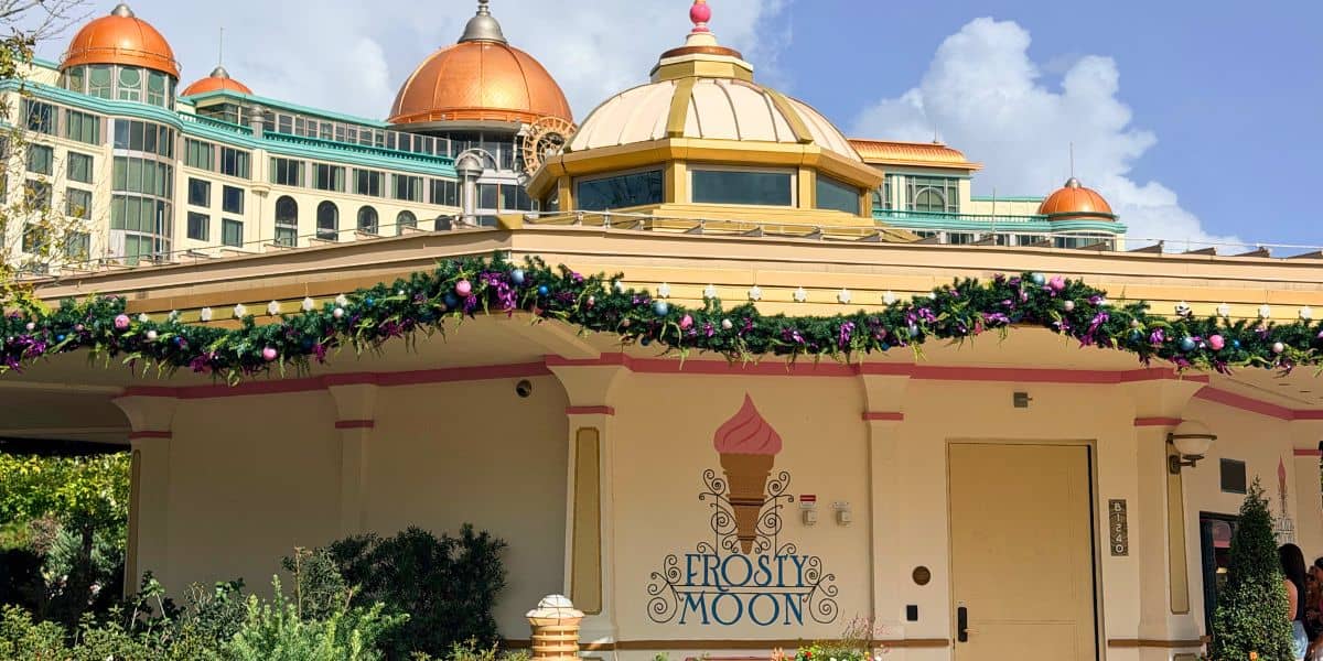 Holiday decorations at Frosty Moon on Disney’s BoardWalk.
