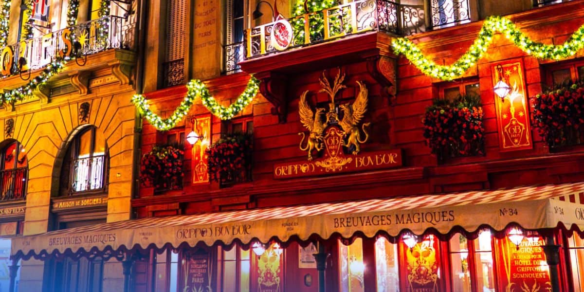 Christmas decorations at harry potter's ministry of magic area at epic universe
