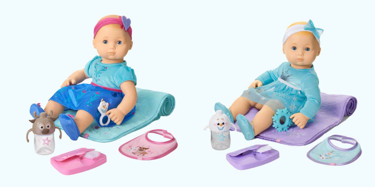 Baby Anna and Elsa dolls with accessories, inspired by the Disney Frozen 3 movie release.
