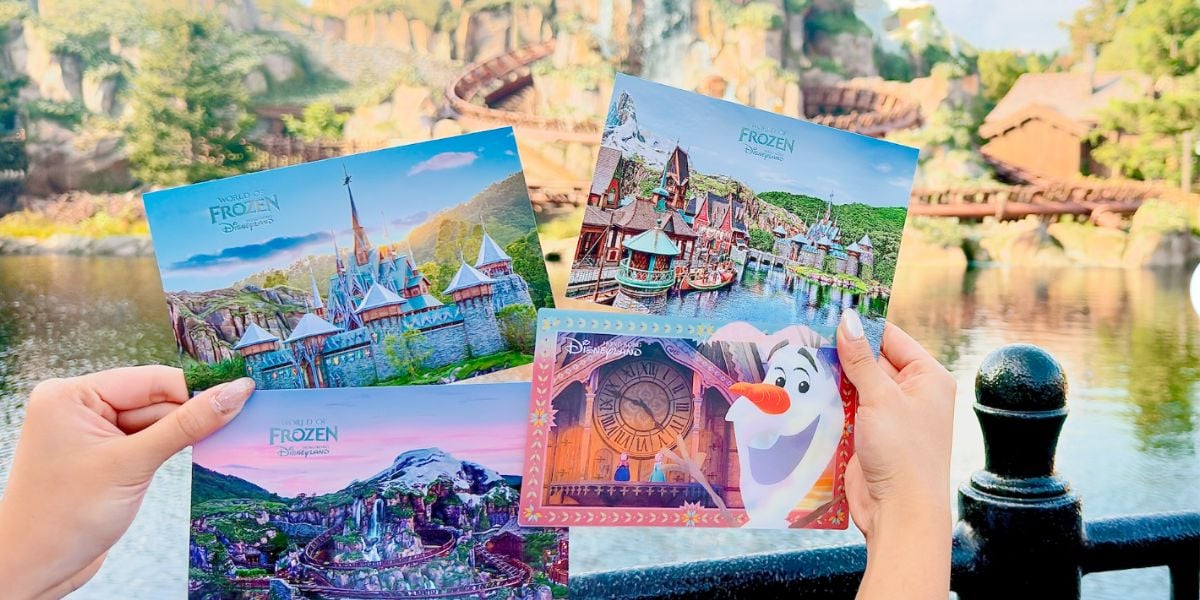 Four World of Frozen postcards at Hong Kong Disneyland.