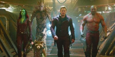 The Guardians of the Galaxy characters Gamora (Zoe Saldana), Groot (Vin Diesel), Rocket (Sean Gunn/Bradley Cooper), Star-Lord (Chris Pratt), and Drax (Dave Bautista) walking together
