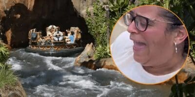 A screenshot of a woman smiling in shock edited in front of an image of the Kali River Rapids attraction