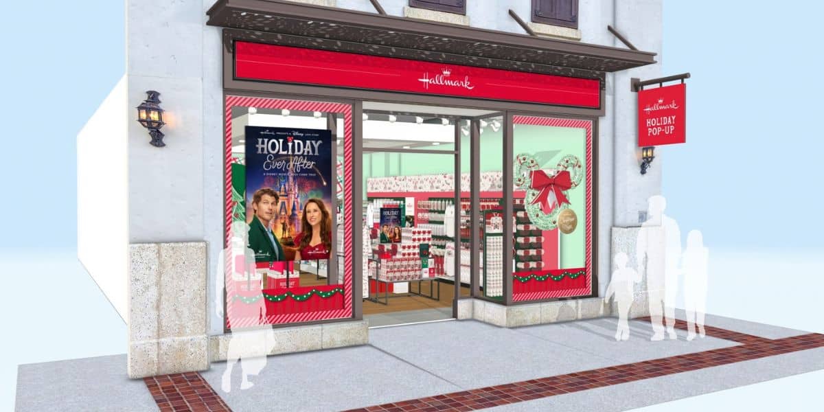 Hallmark Holiday Pop-Up shop at Disney World featuring a poster for the movie Holiday Ever After.