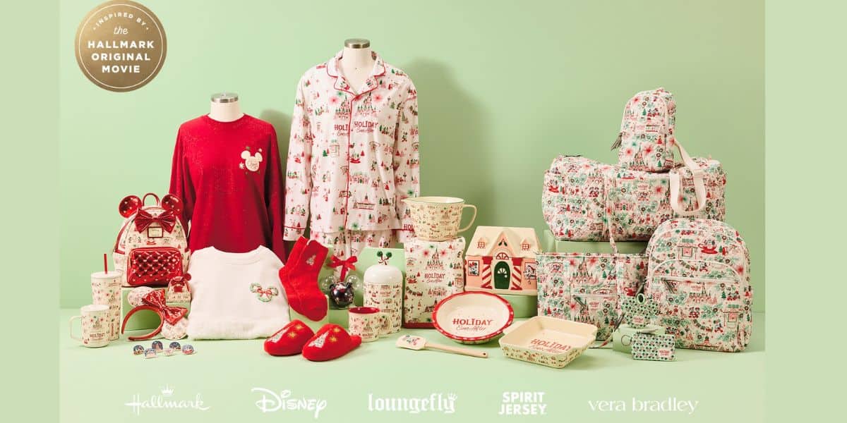 Holiday-themed apparel, Loungefly bags, and Vera Bradley accessories featuring Disney and Hallmark magic.