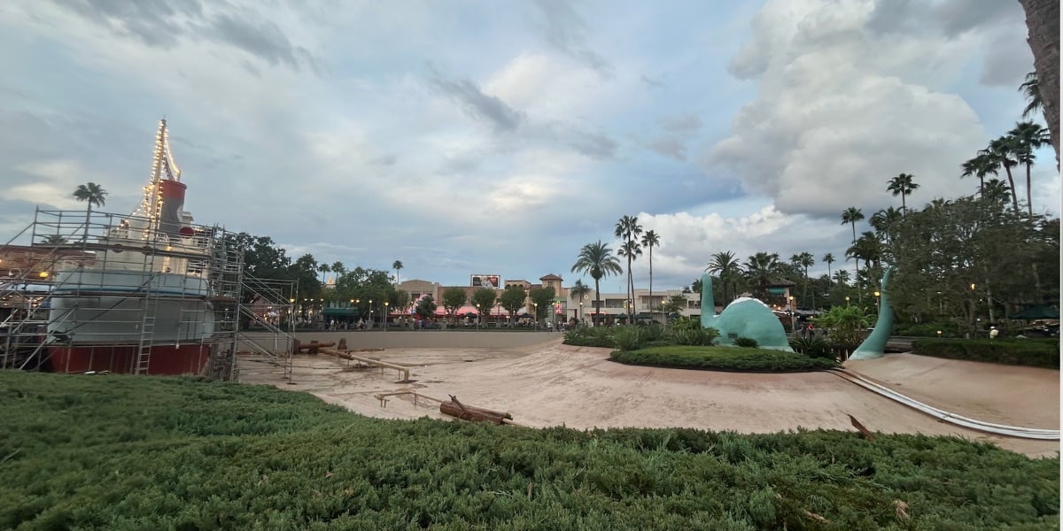 Drained Echo Lake with the SS Holiday and Gertie the Dinosaur at Disney’s Hollywood Studios.