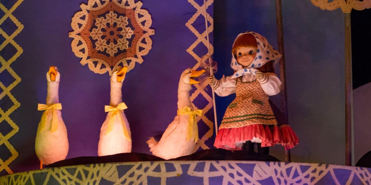 Three geese and a doll animatronic on "it's a small world" at Disneyland Park.