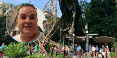 A screenshot from a video of a woman speaking edited on top of a photo of the entrance to Avatar Flight of Passage at Disney's Animal Kingdom Theme Park