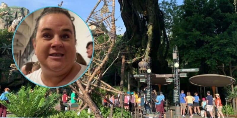 A screenshot from a video of a woman speaking edited on top of a photo of the entrance to Avatar Flight of Passage at Disney's Animal Kingdom Theme Park