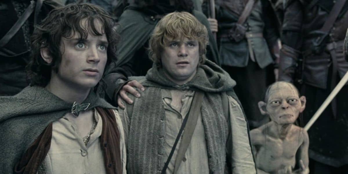 Frodo Baggins, Samwise Gamgee, and Gollum in The Lord of the Rings movie