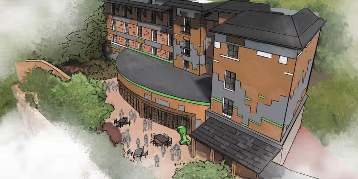 concept art of exterior of minecraft hotel at Chessington World of Adventure