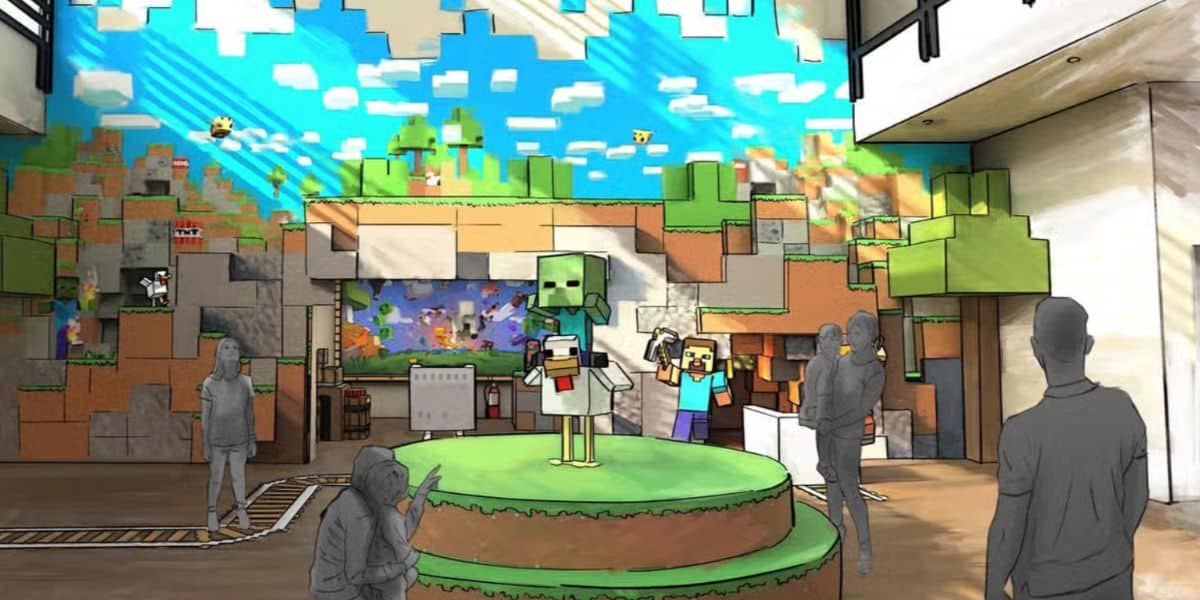 Concept art of a Minecraft hotel lobby at Chessington World of Adventure