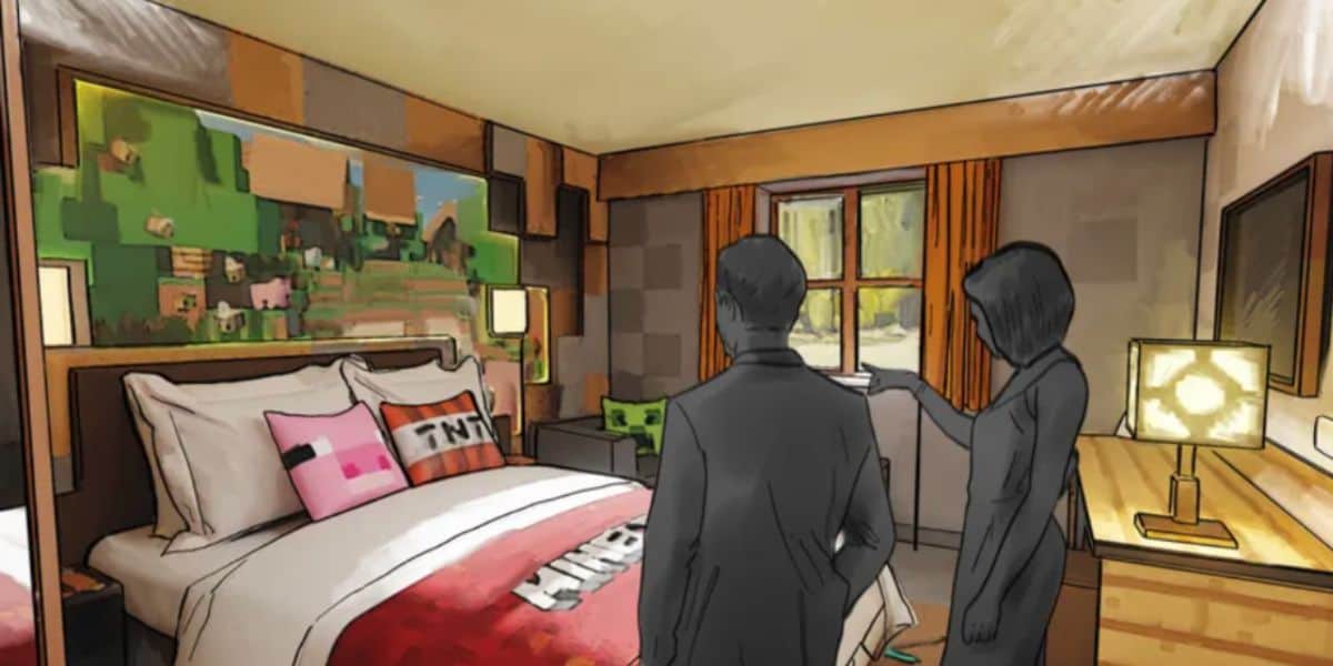 Concept art of a Minecraft-themed hotel room at Chessington World of Adventure