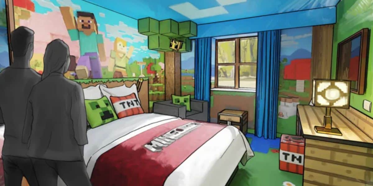 Concept art of a Minecraft-themed hotel room at Chessington World of Adventure