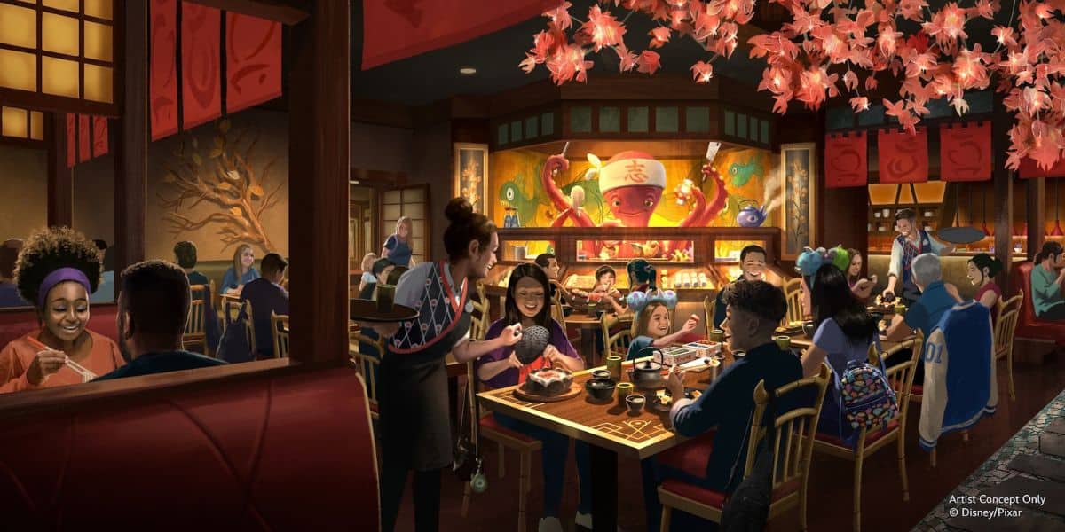 Guests dining at Tiana’s Bayou Adventure at Disney World, featuring an octopus chef mural.