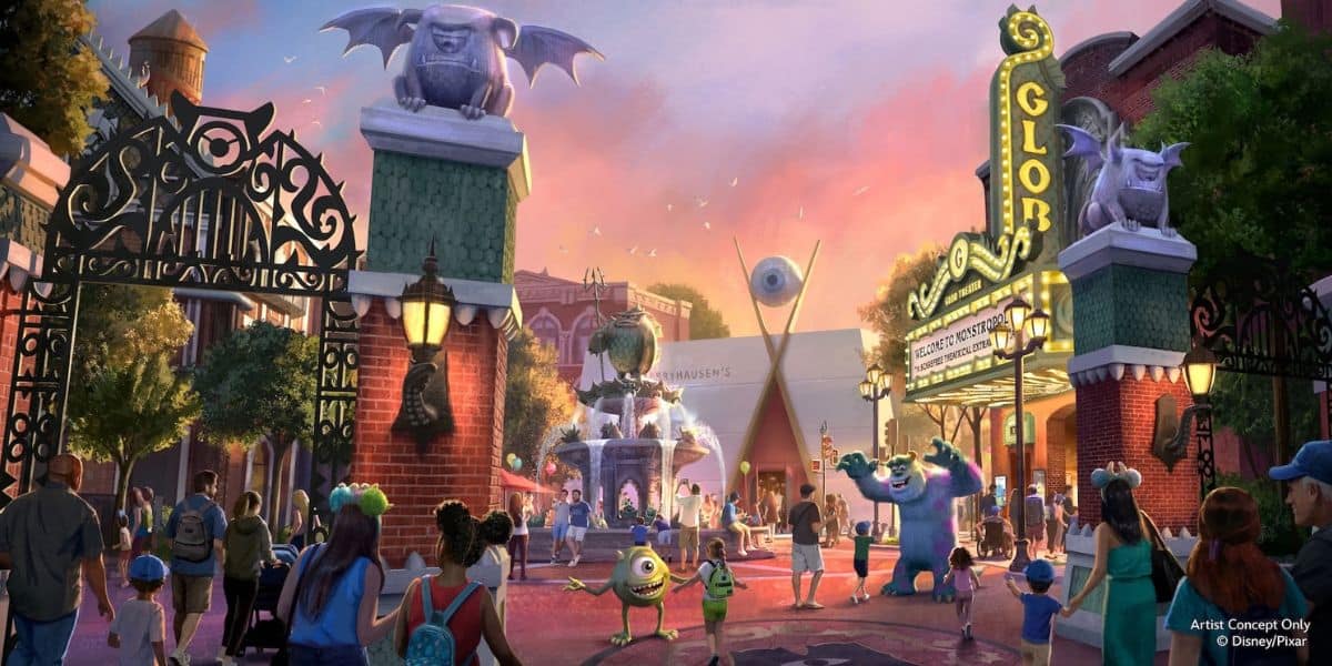 Concept art of the Monsters, Inc. land at Disney’s Hollywood Studios featuring Mike and Sulley in the town square.