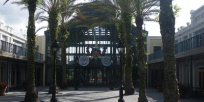 The entrance to Disney’s Port Orleans Resort -- French Quarter adorned with a jester mask.