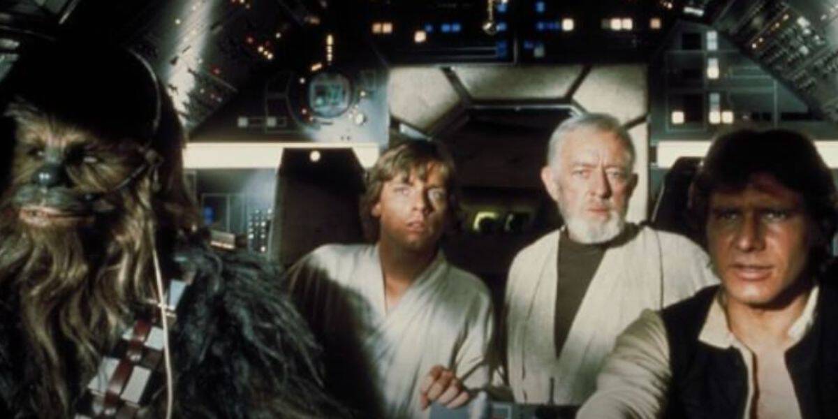 Chewbacca, Luke Skywalker, Obi-Wan Kenobi, and Han Solo in the Millennium Falcon from Star Wars: A New Hope