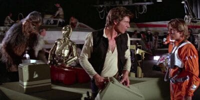 Han Solo, Luke Skywalker, Chewbacca, and C-3PO in Star Wars: A New Hope