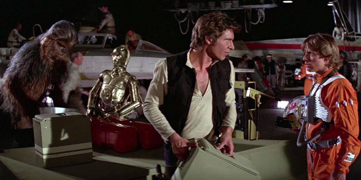 Han Solo, Luke Skywalker, Chewbacca, and C-3PO in Star Wars: A New Hope