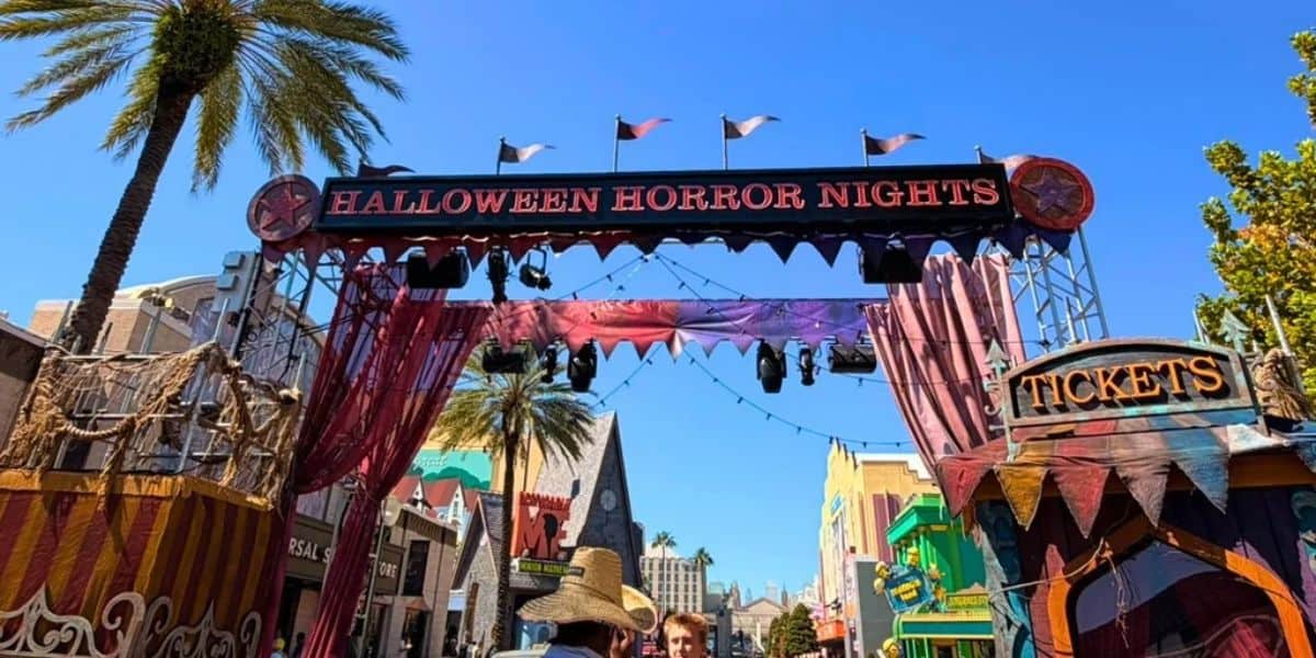 Halloween Horror Nights entrance archway at Universal Studios Florida in Universal Orlando Resort for HHN 2026