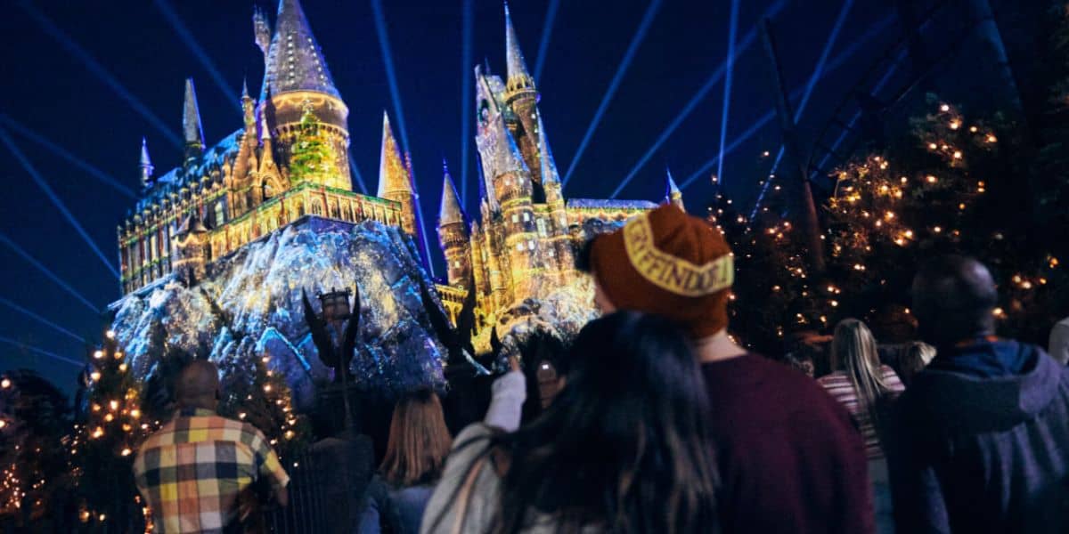 Hogwarts Castle during The Magic of Christmas at universal studios hollywood