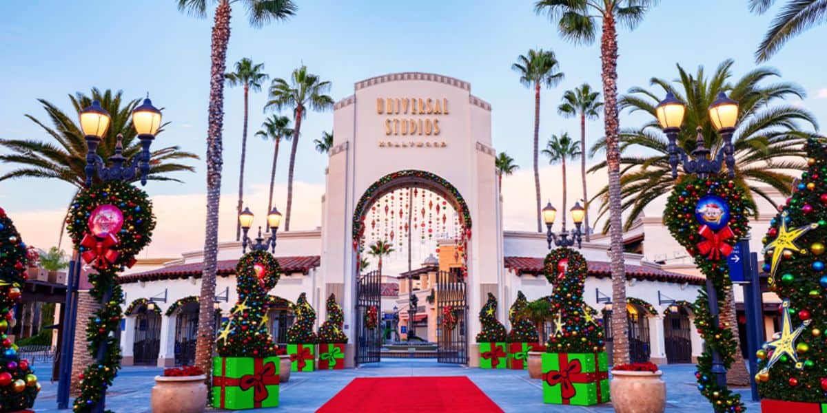 universal studios hollywood entrance decorated for christmas