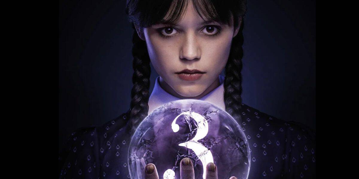 Wednesday Addams and a hand holding up a crystal ball with "3" in it. season 3 of wednesday on netflix