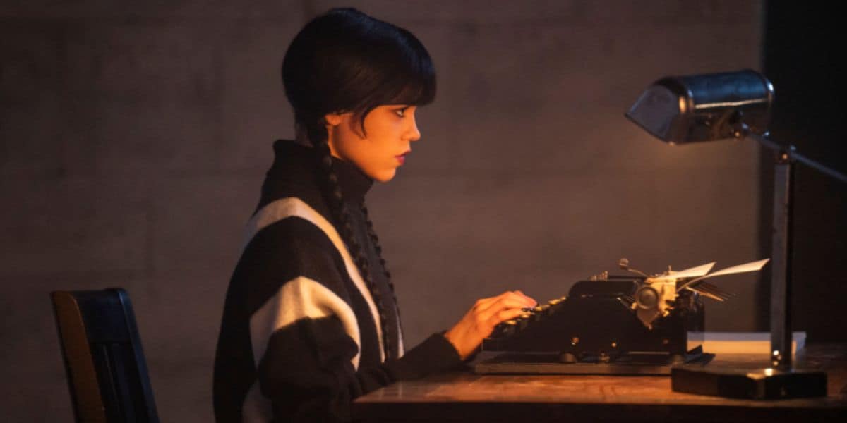 Wednesday Addams at her typewriter in Netflix's 'Wednesday' Season 3